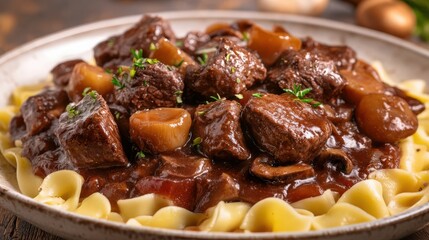 A luxurious beef bourguignon with tender chunks of beef, mushrooms, and pearl onions