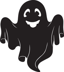 A simple and minimalist silhouette of a cheerful ghost. The ghost is completely black with a wide, friendly smile and large oval eyes, giving it a playful and approachable appearance 
