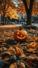 Cozy autumn scene with a pumpkin nestled among vibrant fallen leaves.