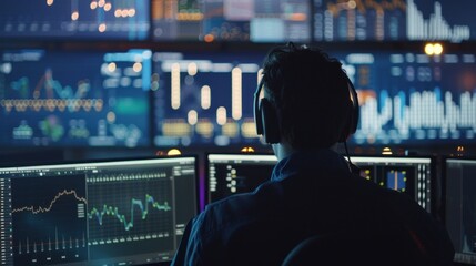 Man Working in a Dark Office with Multiple Monitors Showing Data Graphs
