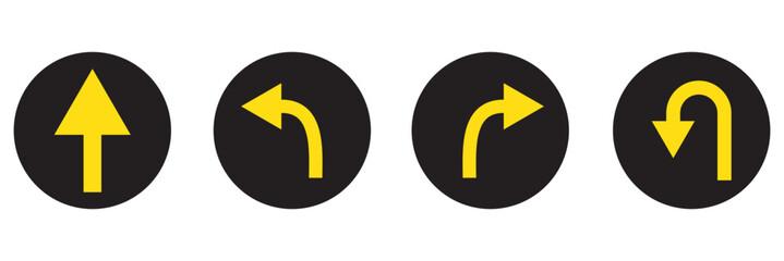 Go Straight This Way One Way Only U Turn Left and Right Black Arrow Sign Direction Icon Set. Vector Image.