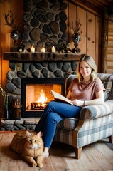 Curl up in cozy comfort and get lost in a captivating story with this stunning image of a woman enjoying a moment of tranquility by the fireplace.