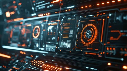 Obraz premium Futuristic digital interface with glowing screens and data streams. Perfect for tech, science fiction, and abstract backgrounds.