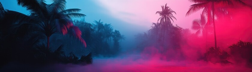 Obraz premium Silhouetted Palm Trees in a Foggy, Neon-Lit Tropical Landscape