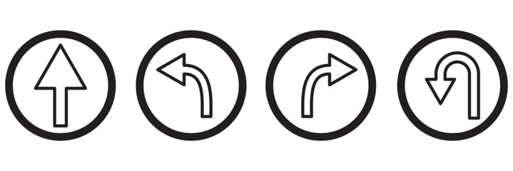 Go Straight This Way One Way Only U Turn Left and Right Black Arrow Sign Direction Icon Set. Vector Image.