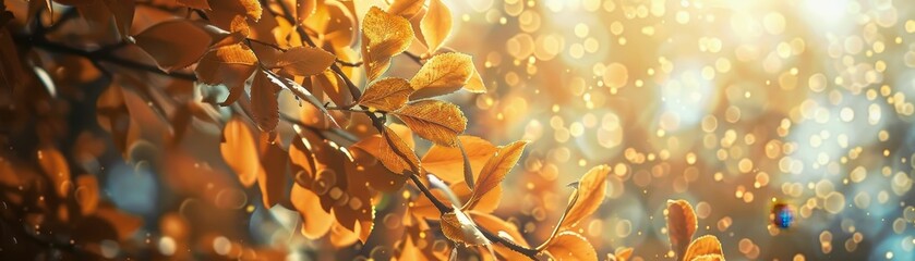 Fototapeta premium Golden autumn leaves with soft sunlight filtering through.