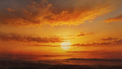 Obraz premium Vibrant sunset over mountain landscape with clouds, A breathtaking sunset with vivid orange and yellow hues illuminating the sky, casting shadows over a distant mountain range and clouds.