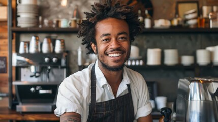 Fototapeta premium Portrait of young happy African American barista in cafe