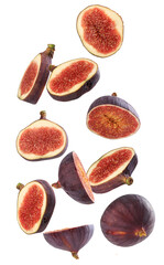 set of flying figs and slices of figs isolated png
