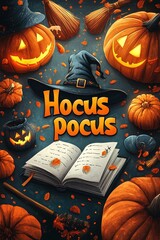 Spooky hocus pocus scene with pumpkins, witch hat, and magic book