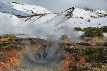 Russia. Kuril Islands. Panoramic view of the placer of breathing fumaroles at the foot of the...