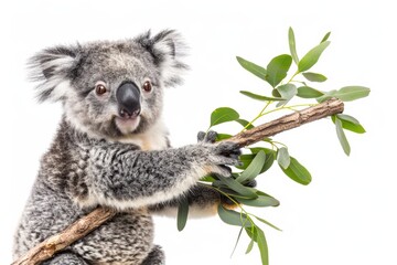 Fototapeta premium A koala is holding a leafy branch in its mouth