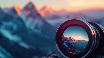 Camera Lens Captures Mountain Range at Sunset