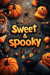 Sweet and spooky halloween: black cat, pumpkins, candy, and cobwebs