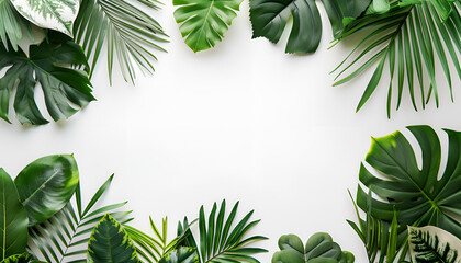 Frame made of different lush tropical leaves on white background, top view. Space for text