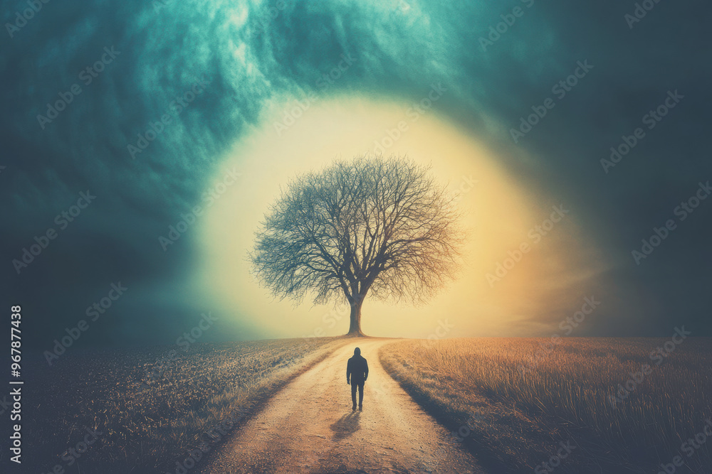 Poster a figure walking along path towards large tree under dramatic sky, where light fades into horizon, c
