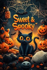 Sweet and spooky halloween: black cat, pumpkins, and candy amidst cobwebs and bats