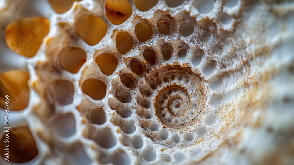 Poster close-up view of a spiral seashell showcasing intricate patterns and textures.
