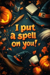 Halloween witchcraft scene: pumpkins, hats, and broomstick with festive text I put a spell on you