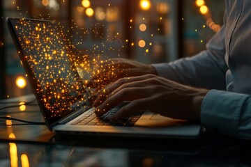 Man Typing on Laptop with Network Connection Visual