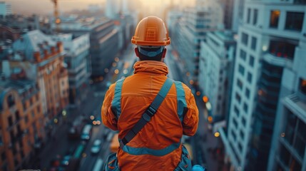 Silhouette of a construction worker shaking hands with another on top of a building at sunset, a group and team concept. 