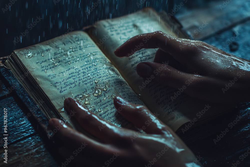 Poster a personâ€™s hands gently touch pages of an open diary, with rain falling and causing ink to smudge.