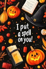 Halloween witchy vibes: pumpkins, hat, and spells on a festive night with lettering I put a spell on you