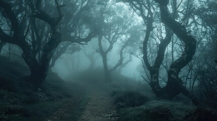 Mysterious and eerie, a misty forest path winds through gnarled trees.