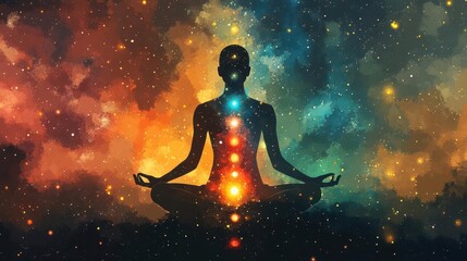 Meditation scene with chakras as radiant energy points, mind expanding into a vast cosmos of thoughts, chakra thinking, universal mind