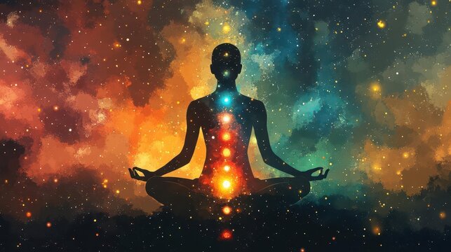 Meditation scene with chakras as radiant energy points, mind expanding into a vast cosmos of thoughts, chakra thinking, universal mind