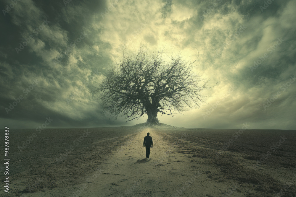 Poster a figure walking along desolate path towards large, leafless tree under dramatic sky. scene evokes s