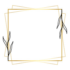 Frame png with gold geometric shape and simple flower drawing on transparent background