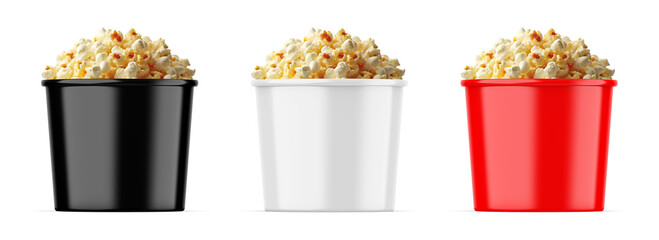 Cheese popcorn tub mockup, paper bucket packaging for popcorn on isolated white background, 3d illustration © devrawat21