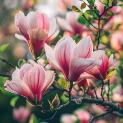 Fototapeta premium Pink magnolia blossoms in full bloom on a tree branch, with green leaves in the background.