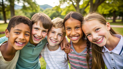 Fototapeta premium Close up of pre teen friends in park, smiling and enjoying their time together. Their joyful expressions reflect friendship and happiness in natural setting