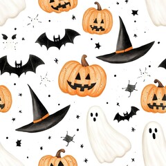 Halloween pattern with pumpkins, ghosts, bats, and witch hats on white background