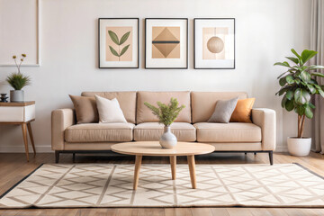 Contemporary living room with a beige sofa, throw pillows, and a wooden coffee table. Three framed artworks, a small side table with flowers, and a geometric rug add to the stylish decor