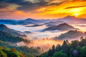 Fototapeta premium mountainous landscapes with serene atmosphere and soft emphasis on colors of misty dawn