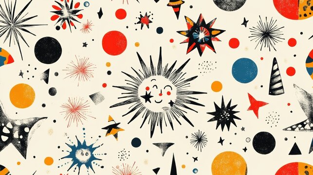 circus illustration, fun retro circus theme with hand-drawn details, giving illustrations a lively and whimsical feel in a vibrant pattern