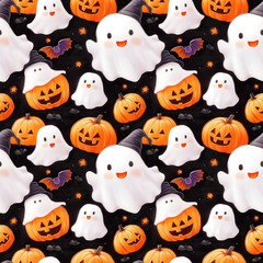 Cute halloween ghosts and pumpkins pattern with bats and stars on black background