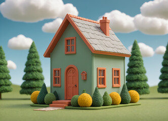 3D Cute Style Charming Colorful Miniature House Surrounded by Lush Greenery and Delightful Decorative Bushes in a Playful Landscape Setting