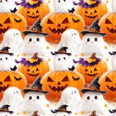 Cute ghosts and pumpkins with witch hats and bats for halloween patterns