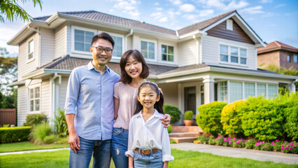 A happy Asian family, including father, mother, and daughter, stands together in front of their beautiful home, showcasing love and togetherness in sunny outdoor setting