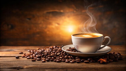 A steaming cup of coffee sits on wooden table surrounded by coffee beans, creating warm and inviting atmosphere perfect for relaxation