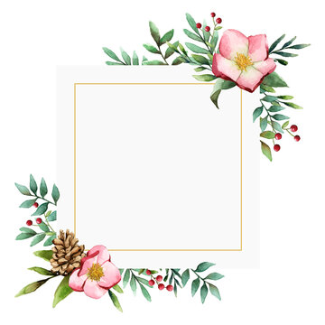Square flower png frame, watercolor aesthetic on transparent background