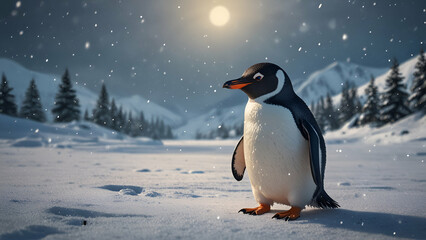 Fototapeta premium Penguin in Snowy Landscape, Merry Christmas Card, Winter Fairy Tale