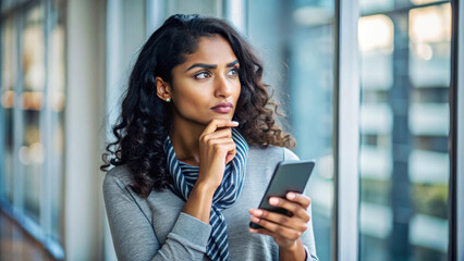 Fototapeta premium Thoughtful woman holding smartphone, pondering her next move while gazing out window. moment captures blend of curiosity and contemplation
