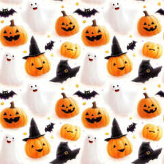 Halloween patterns: pumpkins, ghosts, bats, and witch hats seamless design