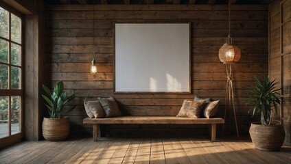 Empty poster frame in a wooden boho-style room.