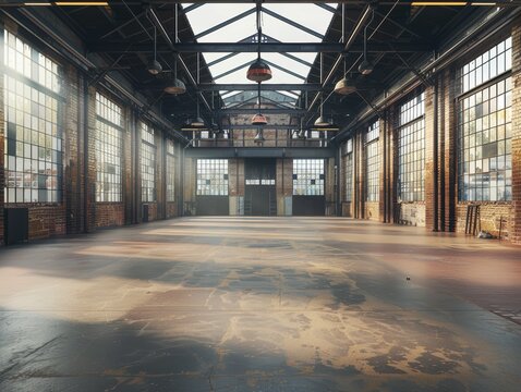 A large, empty warehouse with a lot of windows
